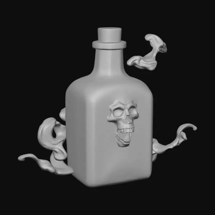 3D model for terrifying fantasy wraith emerging from a cracked square glass bottle, symbolizing the spirit of alcohol. The bottle is thick and old, made of dark smoky glass with glowing cracks and metallic cap engraved with runes. The wraith’s body is half-liquid, half-vapor, made of swirling translucent fumes that glow in amber and teal light. Its face is skeletal, eyes glowing with golden rage, ghostly mouth open in a silent scream. Around it, faint shapes of skulls and souls twist in the vapor. The creature lunges forward violently as if attacking, long smoky tendrils trailing behind. Style: hyperrealistic, cinematic lighting, dark fantasy atmosphere, dramatic motion and depth, extremely detailed, high resolution texture, epic stance
