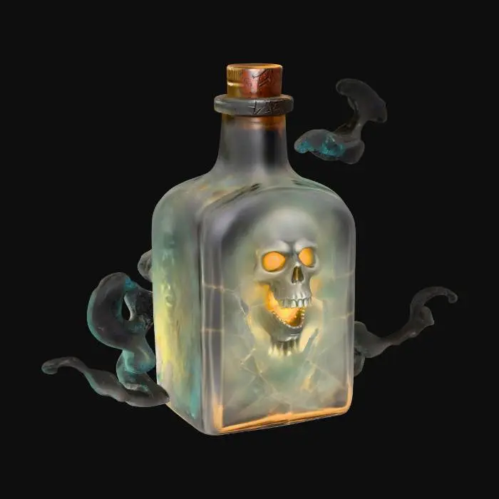 3D model for terrifying fantasy wraith emerging from a cracked square glass bottle, symbolizing the spirit of alcohol. The bottle is thick and old, made of dark smoky glass with glowing cracks and metallic cap engraved with runes. The wraith’s body is half-liquid, half-vapor, made of swirling translucent fumes that glow in amber and teal light. Its face is skeletal, eyes glowing with golden rage, ghostly mouth open in a silent scream. Around it, faint shapes of skulls and souls twist in the vapor. The creature lunges forward violently as if attacking, long smoky tendrils trailing behind. Style: hyperrealistic, cinematic lighting, dark fantasy atmosphere, dramatic motion and depth, extremely detailed, high resolution texture, epic stance