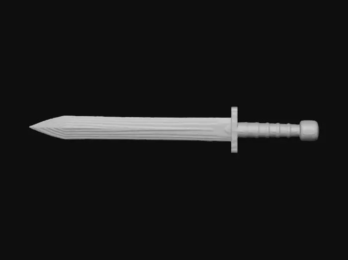 3D model for Simple short sword 3D model for Roblox. Low poly, lightweight geometry optimized for real-time gameplay. Straight blade with medium width and a sharp triangular pointed tip. Flat blade with clean edges and simple metallic surface, no engravings or surface details. Simple horizontal crossguard, flat and minimal, with smooth rounded edges, no ornaments. Short cylindrical handle with visible spiral wrap bands, suggesting wrapped leather. Handle ends in a smooth rounded tip, no separate pommel. Stylized proportions, symmetrical design. Clean topology, single mesh, suitable for mobile and PC Roblox games. Neutral pose, centered object, easy to rig and texture.