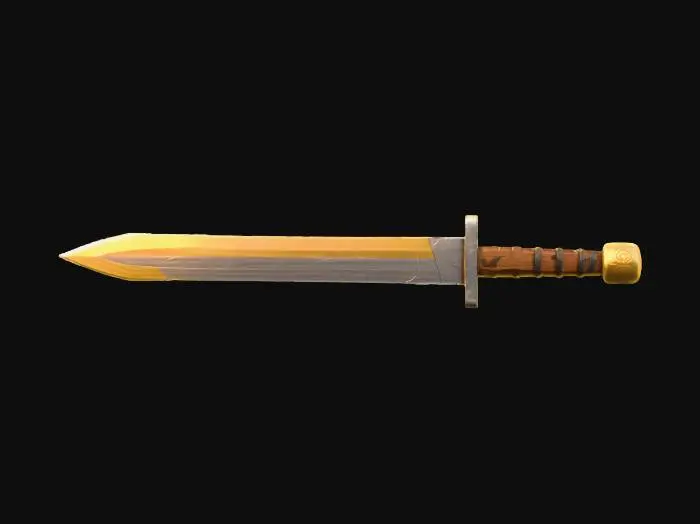 3D model for Simple short sword 3D model for Roblox. Low poly, lightweight geometry optimized for real-time gameplay. Straight blade with medium width and a sharp triangular pointed tip. Flat blade with clean edges and simple metallic surface, no engravings or surface details. Simple horizontal crossguard, flat and minimal, with smooth rounded edges, no ornaments. Short cylindrical handle with visible spiral wrap bands, suggesting wrapped leather. Handle ends in a smooth rounded tip, no separate pommel. Stylized proportions, symmetrical design. Clean topology, single mesh, suitable for mobile and PC Roblox games. Neutral pose, centered object, easy to rig and texture.