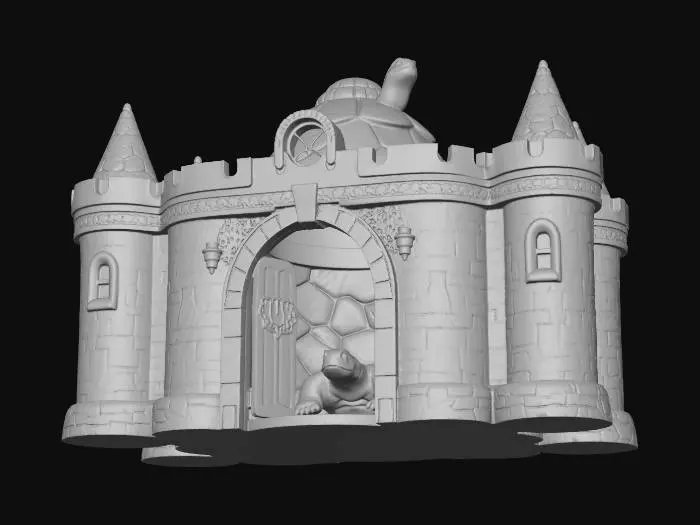 3D model for Terrarium hide for a land tortoise in the shape of a simple castle with four towers in the corners, hollow inside, with a large side entrance for the tortoise in the form of an open castle gate.