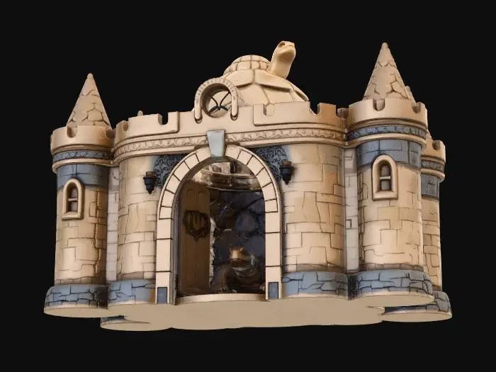 3D model for Terrarium hide for a land tortoise in the shape of a simple castle with four towers in the corners, hollow inside, with a large side entrance for the tortoise in the form of an open castle gate.
