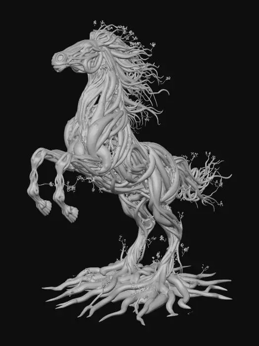 3D model for design horse statue made of branches and roots