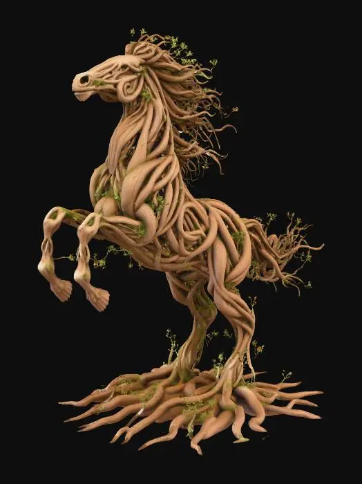 3D model for design horse statue made of branches and roots