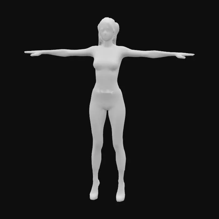 3D model for a woman with blonde hair in ponytails doing t posing wearing a fitted light blue turtleneck and white trousers also with red high heels, the texture was High Definition and hyper realistic style