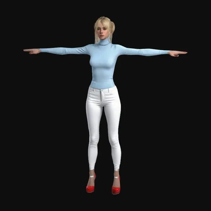 3D model for a woman with blonde hair in ponytails doing t posing wearing a fitted light blue turtleneck and white trousers also with red high heels, the texture was High Definition and hyper realistic style