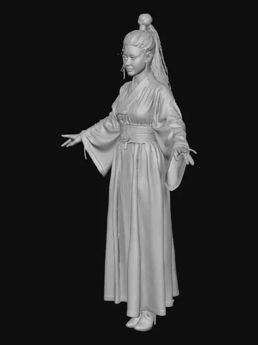 3D model for Full body character sheet of a beautiful young Korean female warrior, short and sleek silver-white hair, calm expression. She is wearing a form-fitting, futuristic red leather tunic inspired by a traditional Korean hanbok, with intricate gold embroidery and trim. Below, she wears black thigh-high stockings and matching red and gold detailed knee-high armored boots. The character is standing in a perfect T-pose, centered in the frame. Clean white background, bright studio lighting, photorealistic 3D render, high detail, octane render, trending on ArtStation.