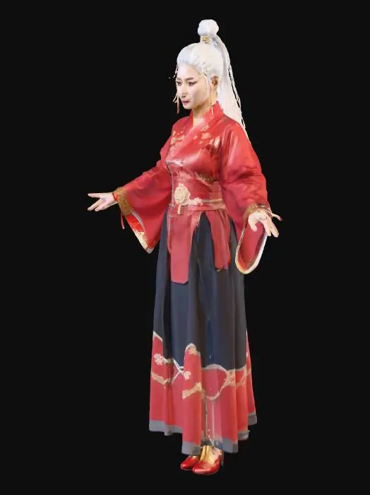 3D model for Full body character sheet of a beautiful young Korean female warrior, short and sleek silver-white hair, calm expression. She is wearing a form-fitting, futuristic red leather tunic inspired by a traditional Korean hanbok, with intricate gold embroidery and trim. Below, she wears black thigh-high stockings and matching red and gold detailed knee-high armored boots. The character is standing in a perfect T-pose, centered in the frame. Clean white background, bright studio lighting, photorealistic 3D render, high detail, octane render, trending on ArtStation.