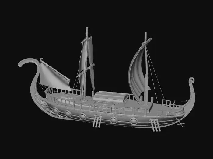 3D model for A high-detail 3D sculpt of a Philippine Karakoa warship for resin 3D printing. Single solid manifold mesh. Features intricate pre-colonial Visayan wood carvings (carakoa) along the entire length of the hull and prow. The burulan (warrior platforms) and bamboo outriggers are thickened for durability and fused to the hull with reinforced support struts. Sails are modeled as thick, wind-swept solid volumes to prevent warping. Sharp, clean edges and high-relief textures optimized for 4K resin printing. Flat-bottomed hull, watertight geometry, no internal cavities