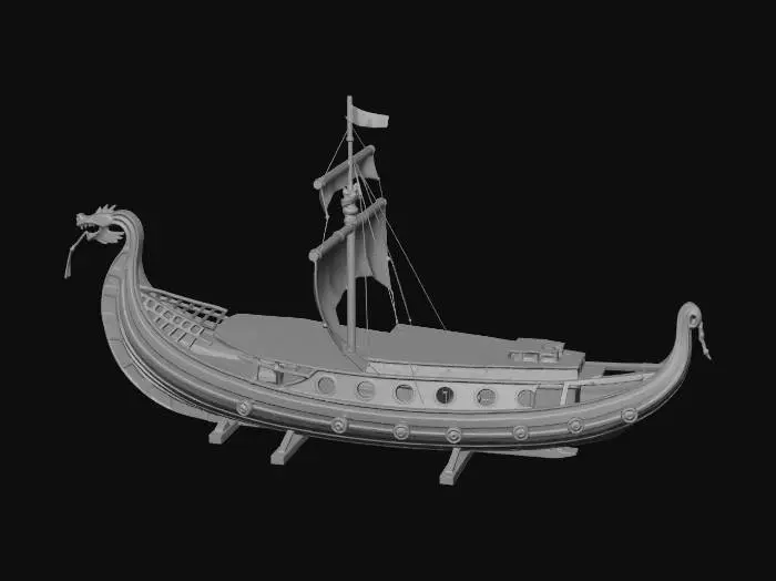 3D model for A professional 3D model of a 16th-century Philippine Karakoa warship. Features a high-swept stem and stern, multiple banks of oars, and outriggers supporting elevated warrior platforms (burulan). The hull is sleek and crescent-shaped. High-poly mesh with realistic weathered tropical hardwood textures, intricate native wood carvings on the prow, and woven tanikal sails. Cinematic lighting, 8k resolution, photorealistic PBR textures, neutral gray background. Structure: "Double-outrigger layout with bamboo floats."

Decks: "Three-tiered structure: rowers at the bottom, warriors on the side platforms, and a central raised deck."

Prow: "Highly ornate, upward-curving 'beak' or dragon-like wood carving."