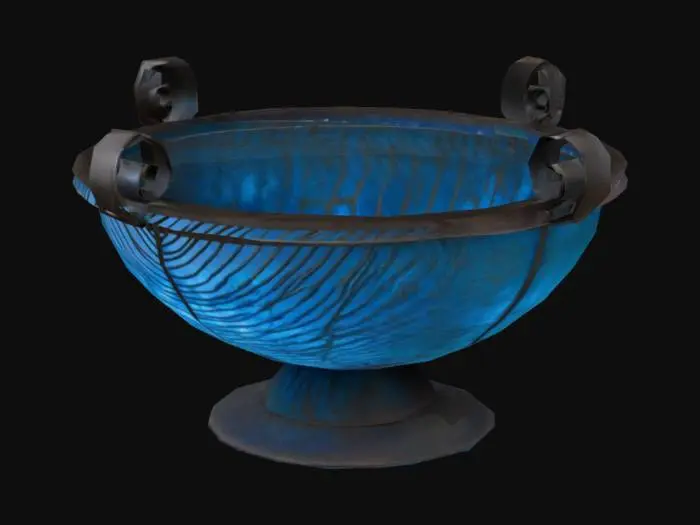 3D model for a simple metal brazier made of wrought iron, the metal glows with a subtle blue

