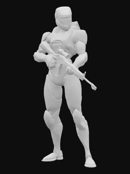 3D model for A slender, futuristic special operations unit.The character wears light-colored (white/light grey) and dark grey armor with blue accents, particularly on the helmet and shoulders.A silenced sniper rifle held in its hands. The helmet has glowing blue eyes/visor