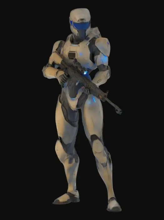 3D model for A slender, futuristic special operations unit.The character wears light-colored (white/light grey) and dark grey armor with blue accents, particularly on the helmet and shoulders.A silenced sniper rifle held in its hands. The helmet has glowing blue eyes/visor