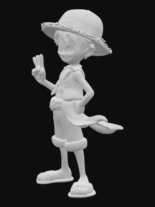 3D model for Create a 3D cartoon-stylized model of Monkey D. Luffy from One Piece, keeping his signature characteristics: straw hat, red vest, blue shorts, yellow sash, and sandals. The model should be full-body, standing upright in a confident yet playful pose. Luffy should have his classic wide smile with bright eyes, emphasizing his cheerful personality. One hand should rest on his hip while the other makes a two-finger peace sign gesture (V-sign). Preserve his proportions true to the anime style but adapt them with smooth, polished 3D cartoon rendering. Colors should remain faithful to the original design, with vibrant reds, yellows, and blues. Lighting should be soft yet dramatic, with subtle rim highlights to make him pop against a dark-themed background.