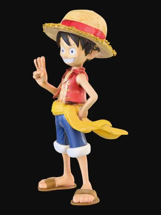 3D model for Create a 3D cartoon-stylized model of Monkey D. Luffy from One Piece, keeping his signature characteristics: straw hat, red vest, blue shorts, yellow sash, and sandals. The model should be full-body, standing upright in a confident yet playful pose. Luffy should have his classic wide smile with bright eyes, emphasizing his cheerful personality. One hand should rest on his hip while the other makes a two-finger peace sign gesture (V-sign). Preserve his proportions true to the anime style but adapt them with smooth, polished 3D cartoon rendering. Colors should remain faithful to the original design, with vibrant reds, yellows, and blues. Lighting should be soft yet dramatic, with subtle rim highlights to make him pop against a dark-themed background.