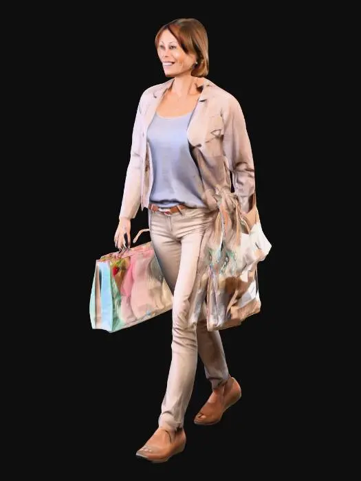 3D model for shopping woman walking with bags. happy 45 years old. smart looking. casual.