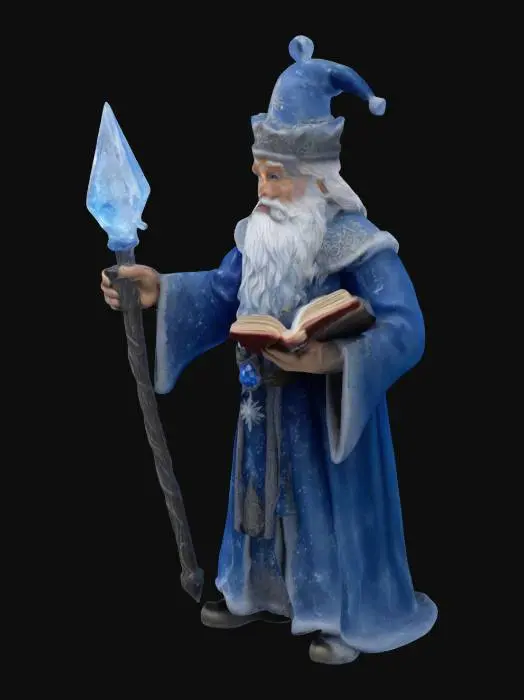 3D model for #ChristmasAdventure# Model a wise #Christmas wizard with a flowing snowy beard and a shimmering blue-and-silver robe lined with frost patterns. In one hand, he holds a glowing crystal staff with swirling snowflakes, and in the other, a book of ancient Christmas spells. His icy crown glows faintly as winter winds surround him in an aura of magical power.