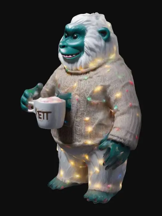 3D model for #ChristmasAdventure# Sculpt a friendly #Yeti wrapped in Christmas lights, wearing a cozy sweater, and holding a mug of hot cocoa.