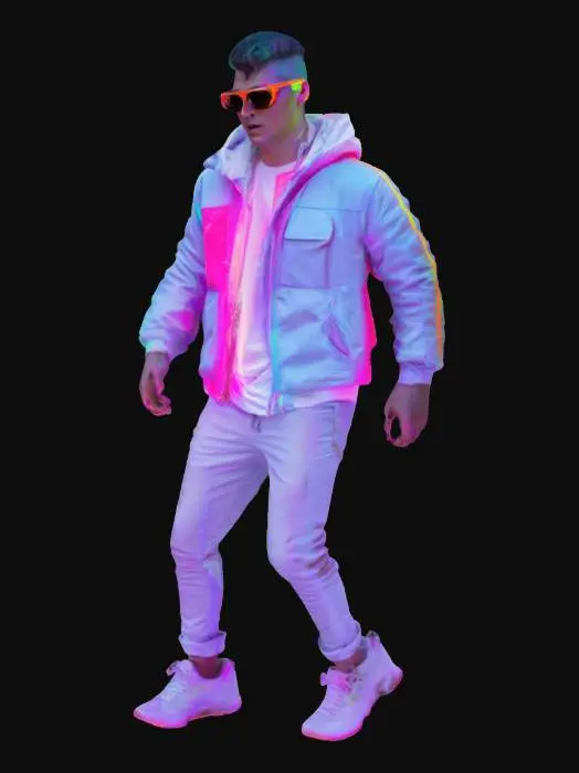3D model for A young man dances energetically at an outdoor electronic music festival. He wears a futuristic outfit with neon accents, sunglasses, and sneakers. His dynamic pose shows fluid movement, fully immersed in the music. The scene is lit by vibrant laser lights, LED screens, and a dancing crowd. The ground is a mix of grass and dust, creating a cinematic, high-energy atmosphere. The neon glow highlights his body, emphasizing the festival’s electrifying vibe.