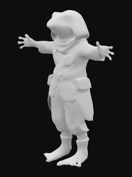 3D model for una rana ( rasgos humanos animado) con las manos extendidas con bagardina ( vestido de comerciante) 