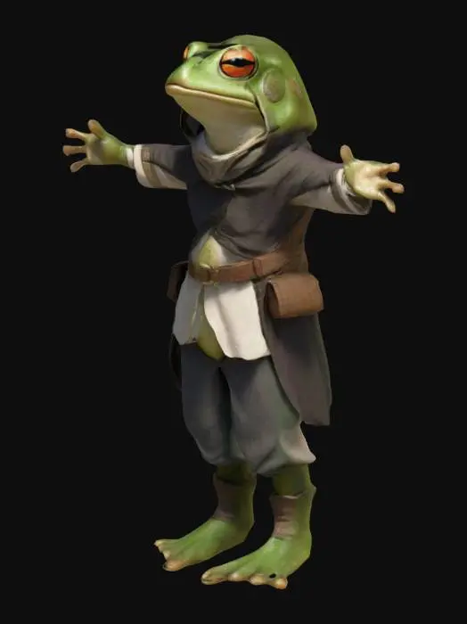 3D model for una rana ( rasgos humanos animado) con las manos extendidas con bagardina ( vestido de comerciante) 