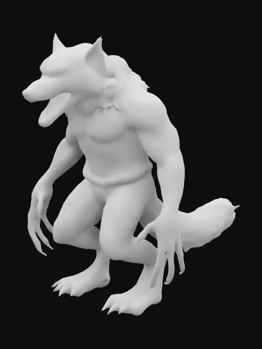 3D model for 一个头部是狼的类人形生物，身体强壮，爪子很大，怪物，狼人