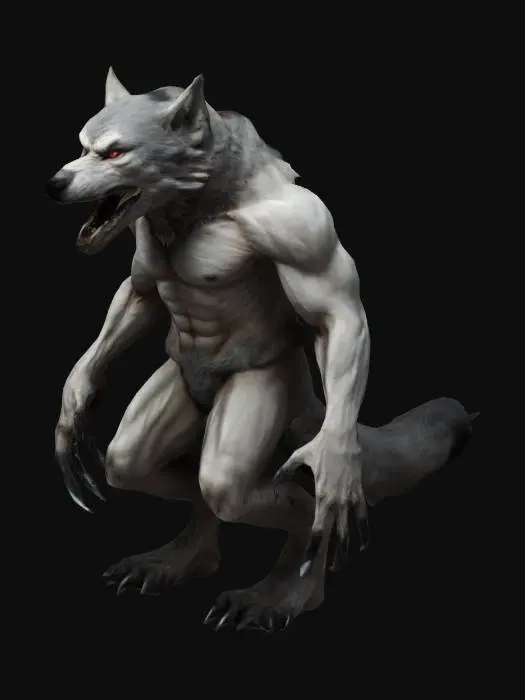 3D model for 一个头部是狼的类人形生物，身体强壮，爪子很大，怪物，狼人