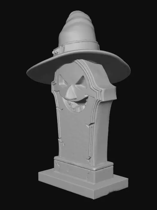 3D model for Cartoony gravestone with funny Halloween face carved into it, cracks and spiderwebs, glowing eyes, stylized Halloween vibe, optimized for FDM 3D printing.", #villain#