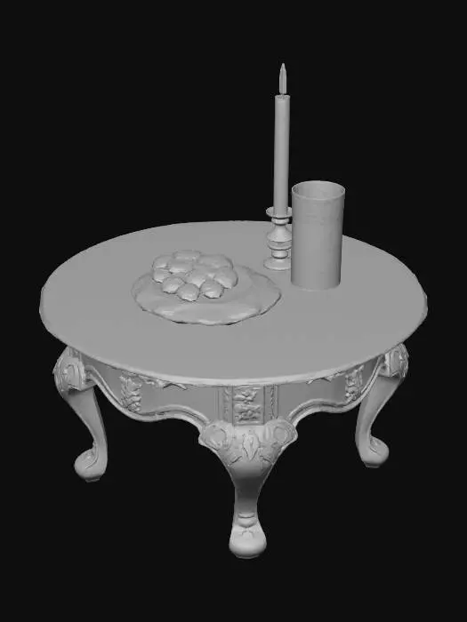 3D model for an acient walnut wooden coffee table. the table as old styled engraved flowers on each leg. On the table is a ceramic plate with a half-eaten gingerbread cookie. There is also a half-full glass of milk next to it. There is also a lit candle in an old metal candle holder on that table. 
#Christmas2025#