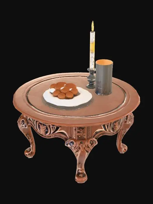 3D model for an acient walnut wooden coffee table. the table as old styled engraved flowers on each leg. On the table is a ceramic plate with a half-eaten gingerbread cookie. There is also a half-full glass of milk next to it. There is also a lit candle in an old metal candle holder on that table. 
#Christmas2025#