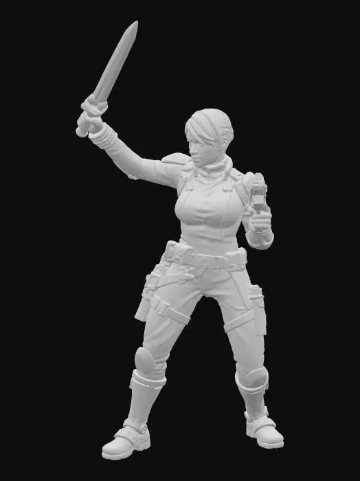 3D model for Traveller RPG science fiction female crew member wielding a cutlass and small snub pistol. 