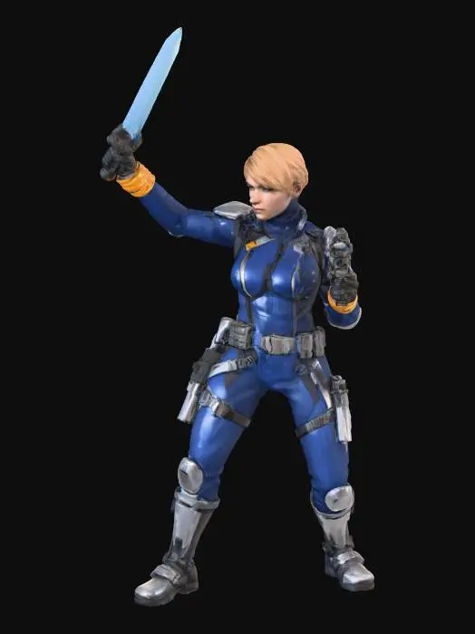 3D model for Traveller RPG science fiction female crew member wielding a cutlass and small snub pistol. 
