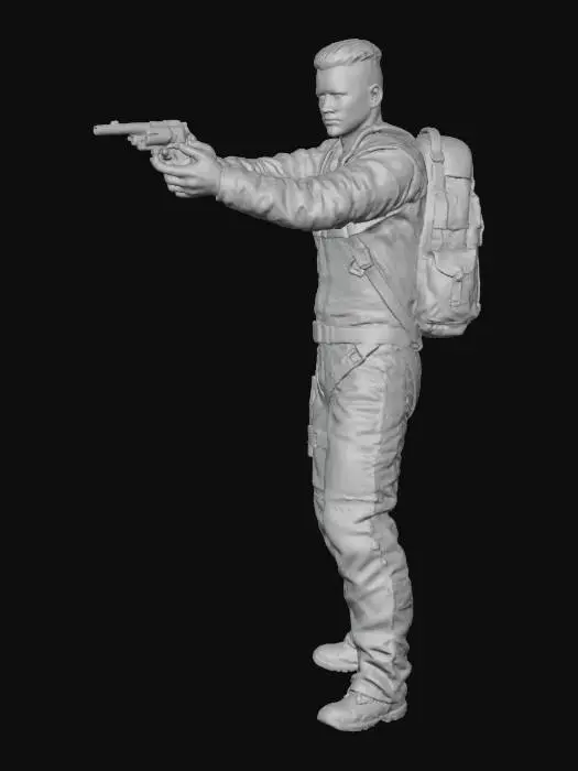 3D model for Asian Science fiction belter character from the Expanse Television show. Armed with a very short barelled revolver in a shooting stance. Jumpsuit is a slate blue color. Wearing an orange safety harness with waist belt. Has a tan colored backpack. Empty handgun holster in black on the right hip.