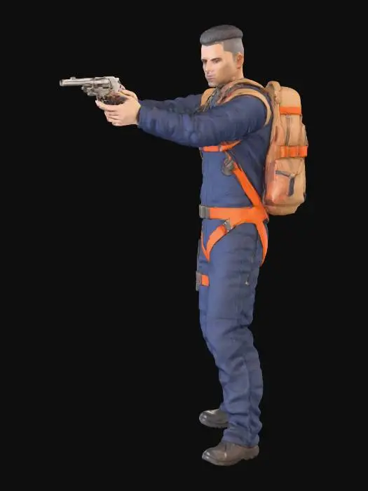 3D model for Asian Science fiction belter character from the Expanse Television show. Armed with a very short barelled revolver in a shooting stance. Jumpsuit is a slate blue color. Wearing an orange safety harness with waist belt. Has a tan colored backpack. Empty handgun holster in black on the right hip.