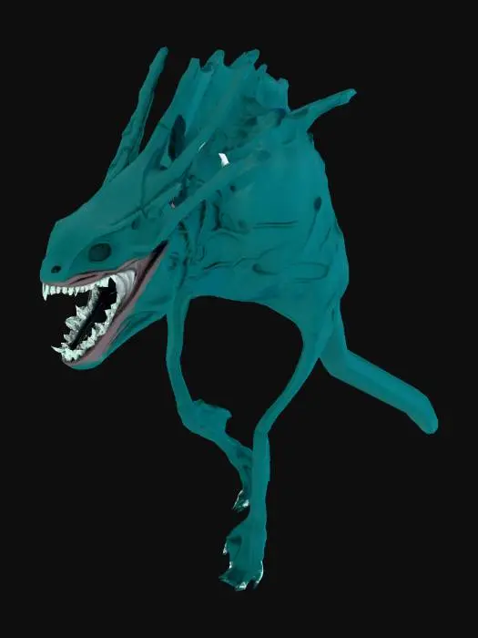 3D model for In the pitch-black Mariana Trench, an enormous hybrid creature appears—part shark, part octopus, part unknown. Its head is shaped like a monstrous deep-sea shark with elongated jaws and rows of glowing needle-teeth. From its back and sides, long slimy tentacles move independently, covered in pulsing bioluminescent veins. Its skin shifts like liquid shadow. A giant vertical eye opens on its forehead. The creature moves unnaturally fast, twisting its tentacles while gliding through darkness. Horror cinematic, no text.