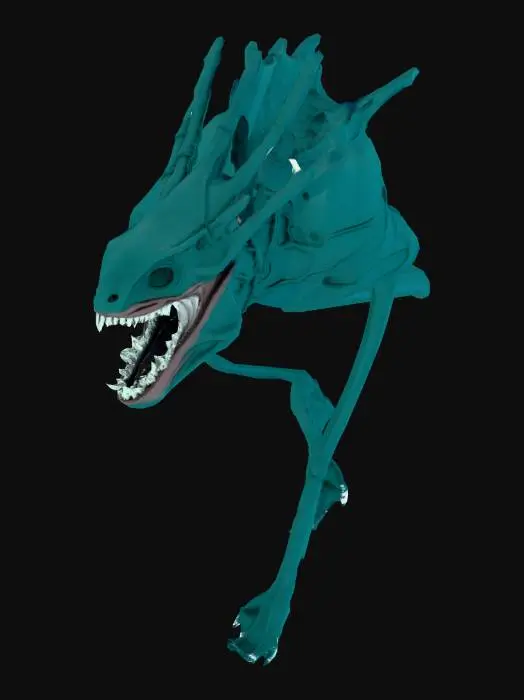 3D model for In the pitch-black Mariana Trench, an enormous hybrid creature appears—part shark, part octopus, part unknown. Its head is shaped like a monstrous deep-sea shark with elongated jaws and rows of glowing needle-teeth. From its back and sides, long slimy tentacles move independently, covered in pulsing bioluminescent veins. Its skin shifts like liquid shadow. A giant vertical eye opens on its forehead. The creature moves unnaturally fast, twisting its tentacles while gliding through darkness. Horror cinematic, no text.