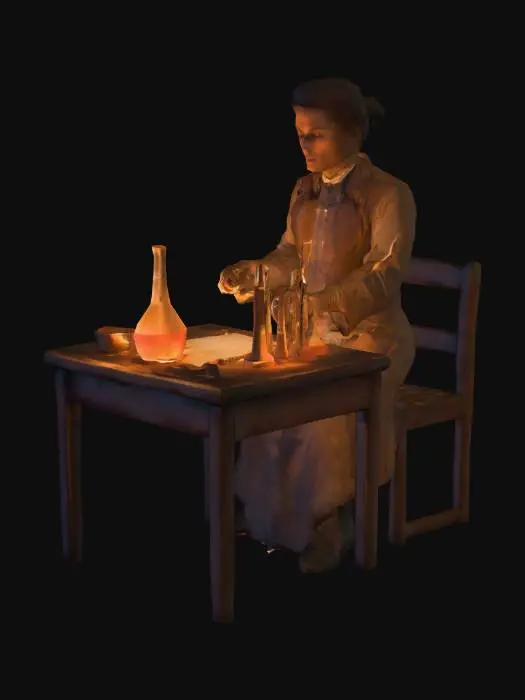 3D model for A dimly lit 1898 Paris laboratory filled with wooden tables, beakers, flasks, crucibles, and handwritten notebooks. A faint furnace glows in the corner, casting warm orange light over cold, damp stone walls. The air feels misty and full of smoke. Maria Skłodowska-Curie is working carefully at a wooden table, stirring a beaker with steady hands while writing in her notebook. Candles flicker, glassware reflects the light. The atmosphere is historical, immersive, slightly melancholic yet full of discovery. Realistic lighting, cinematic depth, volumetric fog, historical realism. --ar 16:9 --style cinematic --quality 2