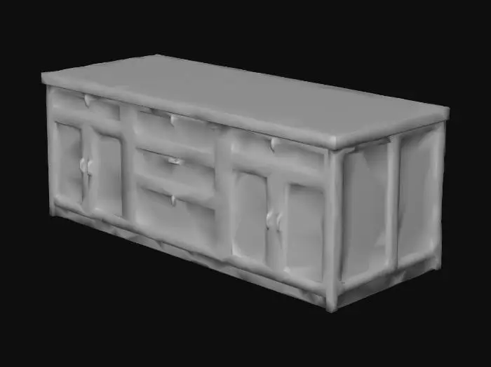 3D model for A robust, rectangular kitchen island crafted from rich, dark walnut wood presents a substantial butcher-block style countertop. The expansive central area, front and back, is a smooth, unblemished expanse of visible wood grain. On its left and right sides, shallow, integrated depressions and slightly textured sections are carved directly into the wood, designed to resemble dedicated food preparation zones. The overall surface is warm and finely sanded.