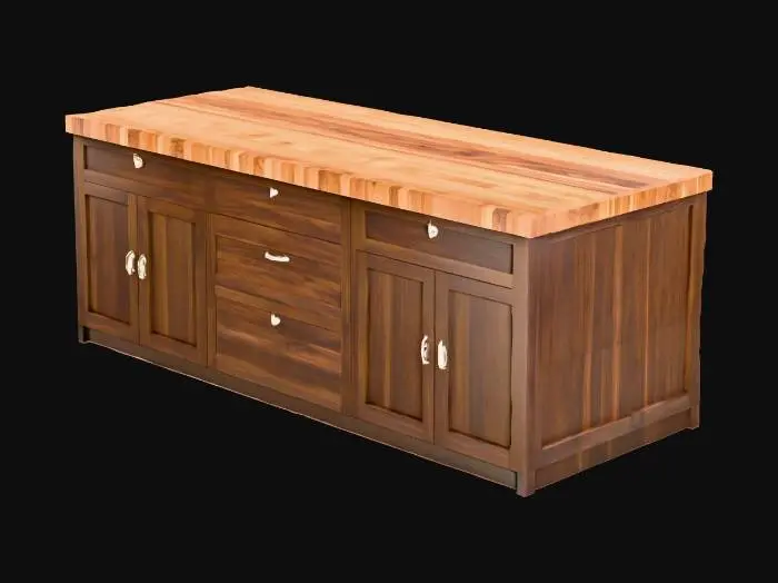 3D model for A robust, rectangular kitchen island crafted from rich, dark walnut wood presents a substantial butcher-block style countertop. The expansive central area, front and back, is a smooth, unblemished expanse of visible wood grain. On its left and right sides, shallow, integrated depressions and slightly textured sections are carved directly into the wood, designed to resemble dedicated food preparation zones. The overall surface is warm and finely sanded.