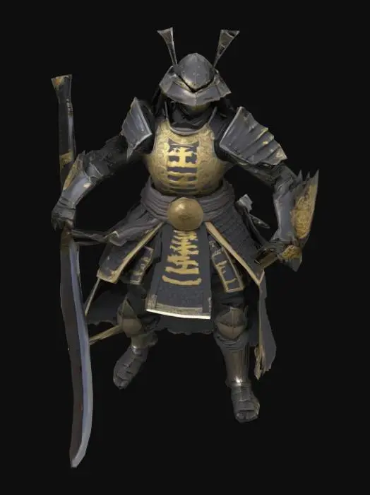 3D model for create a Japanese samurai-like crucible knight from Elden ring doing an A-pose with a long katana.
