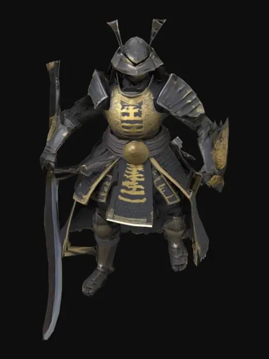 3D model for create a Japanese samurai-like crucible knight from Elden ring doing an A-pose with a long katana.
