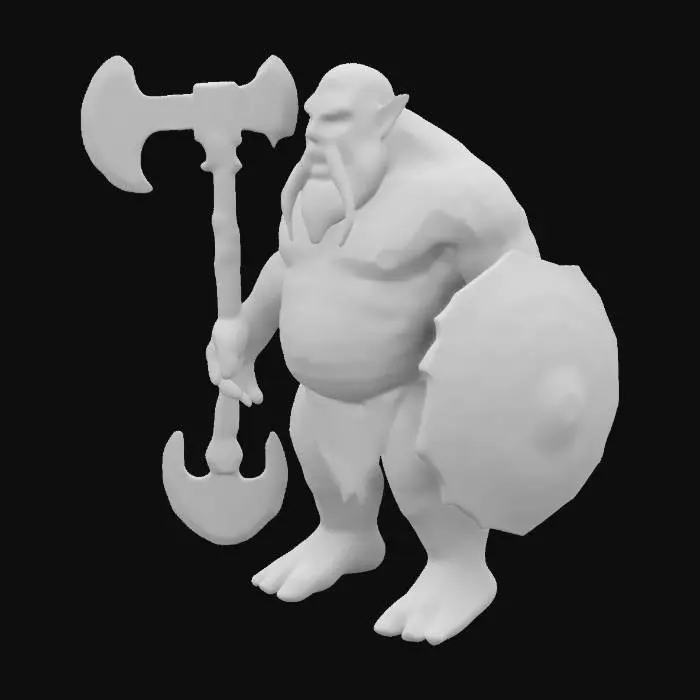 3D model for giant troll, with green skin and big black mace in his right hand and wooden broken shield in left hand, add also tattooes

