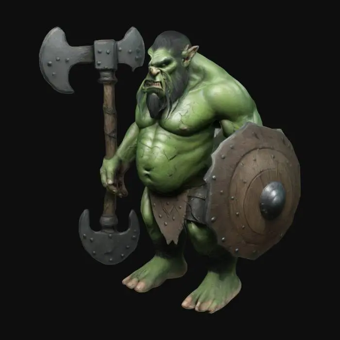 3D model for giant troll, with green skin and big black mace in his right hand and wooden broken shield in left hand, add also tattooes

