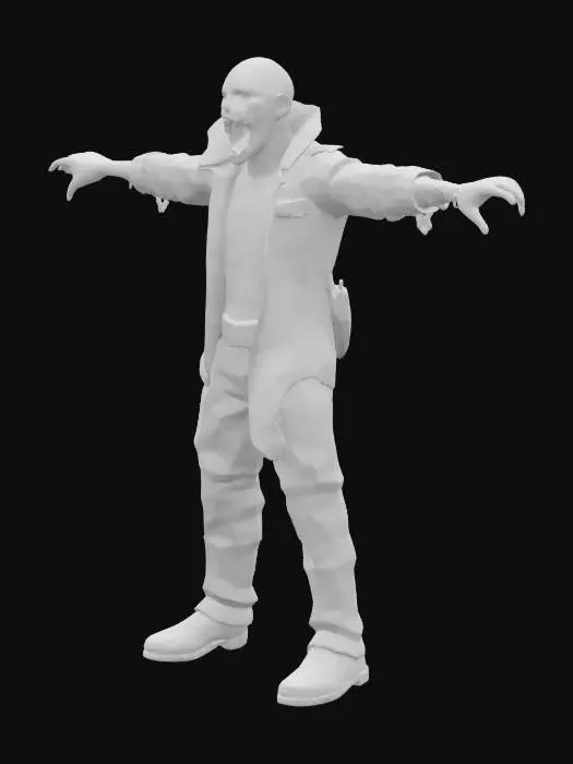 3D model for A terrifying humanoid creature, standing upright in a neutral T-pose for rigging. It has unnaturally long arms, sagging skin under the eyes, and an impossibly wide mouth filled with too many sharp yellow teeth. The body is lanky but muscular, with bony fingers and exaggerated joints. The creature wears strange, tattered clothes—an asymmetrical jacket with mismatched buttons, worn pants, and scuffed leather shoes. Its facial features are sharp and monstrous, eyes sunken and expression menacing. The surface should be photorealistic, with high-detail textures in the skin and clothing. Background must be fully transparent or plain gray, isolated for easy 3D use.