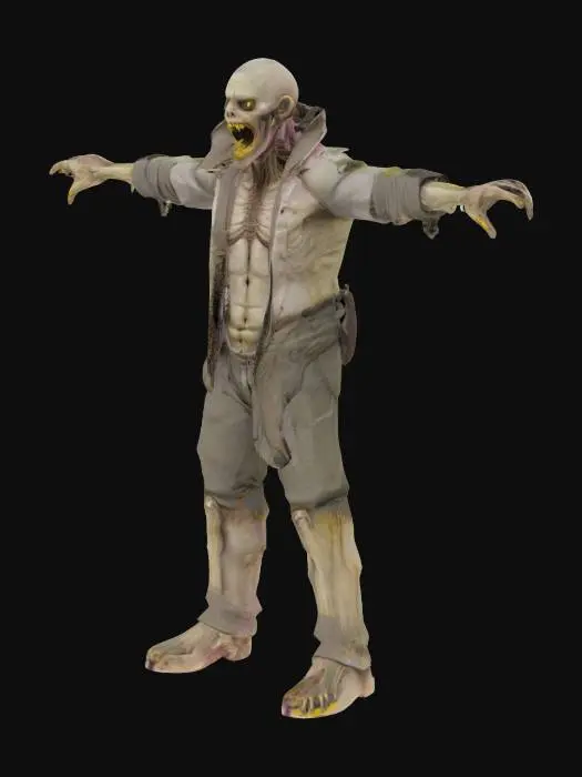 3D model for A terrifying humanoid creature, standing upright in a neutral T-pose for rigging. It has unnaturally long arms, sagging skin under the eyes, and an impossibly wide mouth filled with too many sharp yellow teeth. The body is lanky but muscular, with bony fingers and exaggerated joints. The creature wears strange, tattered clothes—an asymmetrical jacket with mismatched buttons, worn pants, and scuffed leather shoes. Its facial features are sharp and monstrous, eyes sunken and expression menacing. The surface should be photorealistic, with high-detail textures in the skin and clothing. Background must be fully transparent or plain gray, isolated for easy 3D use.