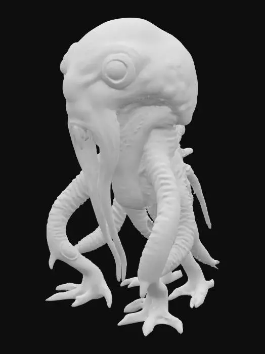 3D model for A strange monster with many sharp teeth. It's skin is jelly and octopus like with suction cups on it's fat body. It's many eyes are like a reptile and its legs like a frog. Epic pose. Photo Realistic. Ultra Realistic. Dark and Frightening. Worst fears come true. 