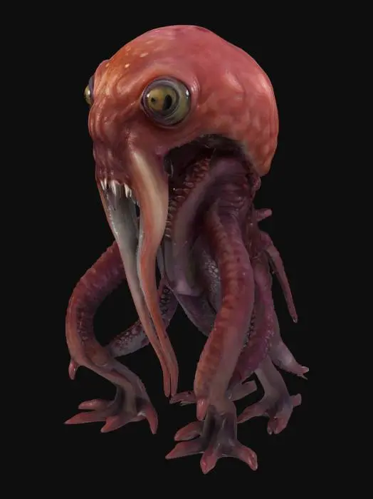 3D model for A strange monster with many sharp teeth. It's skin is jelly and octopus like with suction cups on it's fat body. It's many eyes are like a reptile and its legs like a frog. Epic pose. Photo Realistic. Ultra Realistic. Dark and Frightening. Worst fears come true. 