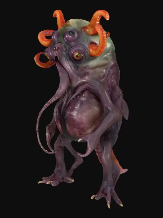 3D model for A strange monster with many sharp teeth. It's skin is jelly and octopus like with suction cups on it's fat body. It's many eyes are like a reptile and its legs like a frog. Epic pose. Photo Realistic. Ultra Realistic. Dark and Frightening. Worst fears come true. 