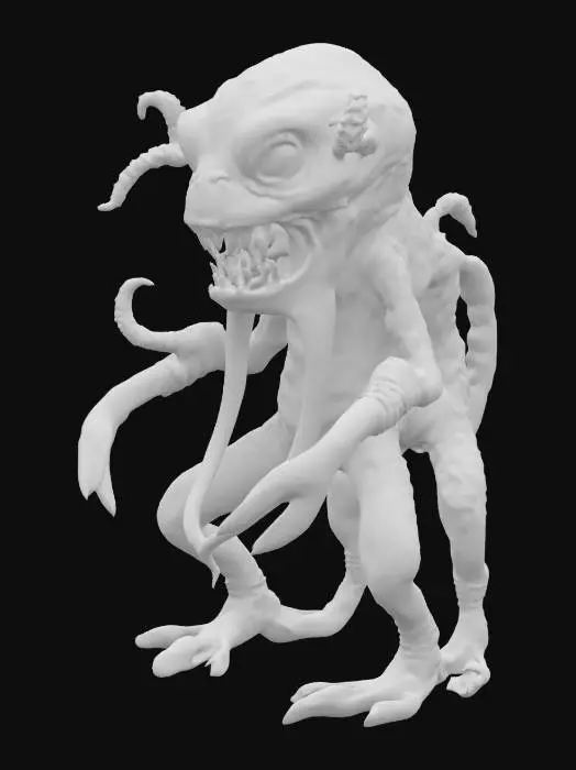 3D model for A strange monster with many sharp teeth. It's skin is jelly and octopus like with suction cups on it's fat body. It's many eyes are like a reptile and its legs like a frog. Epic pose. Photo Realistic. Ultra Realistic. Dark and Frightening. Worst fears come true. 