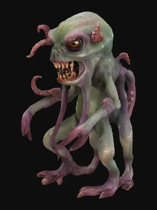 3D model for A strange monster with many sharp teeth. It's skin is jelly and octopus like with suction cups on it's fat body. It's many eyes are like a reptile and its legs like a frog. Epic pose. Photo Realistic. Ultra Realistic. Dark and Frightening. Worst fears come true. 